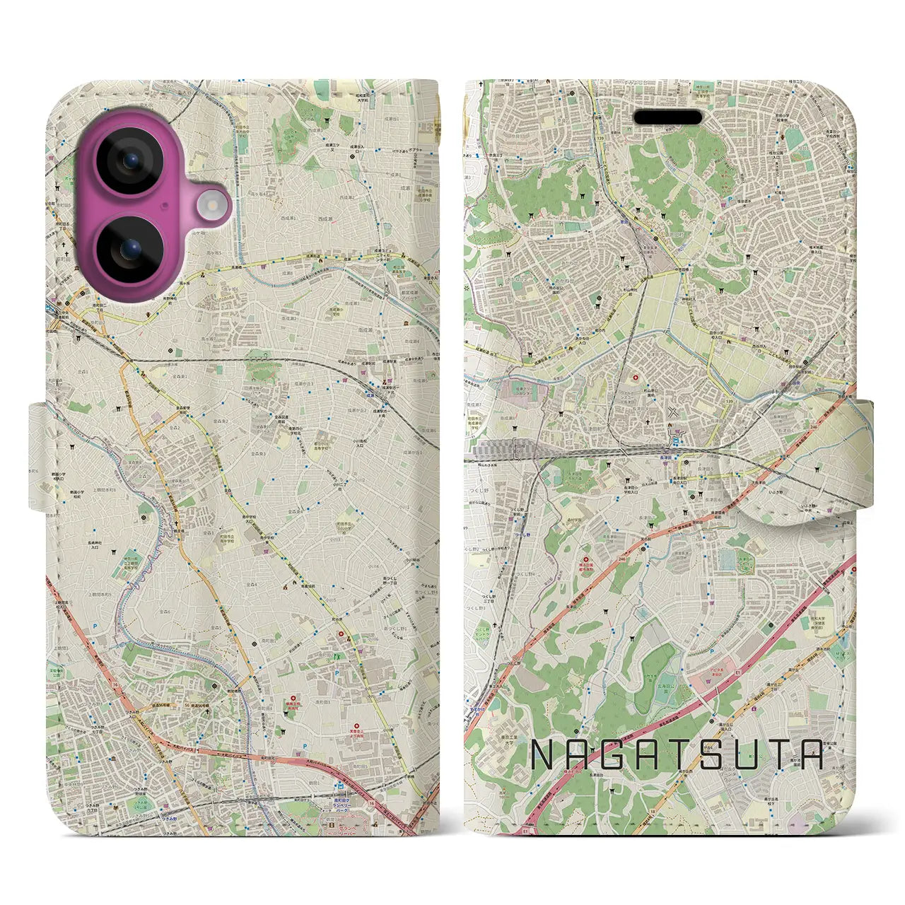 【長津田(神奈川県)】地図柄iPhoneケース(手帳タイプ)ナチュラル・iPhone 16 Pro 用