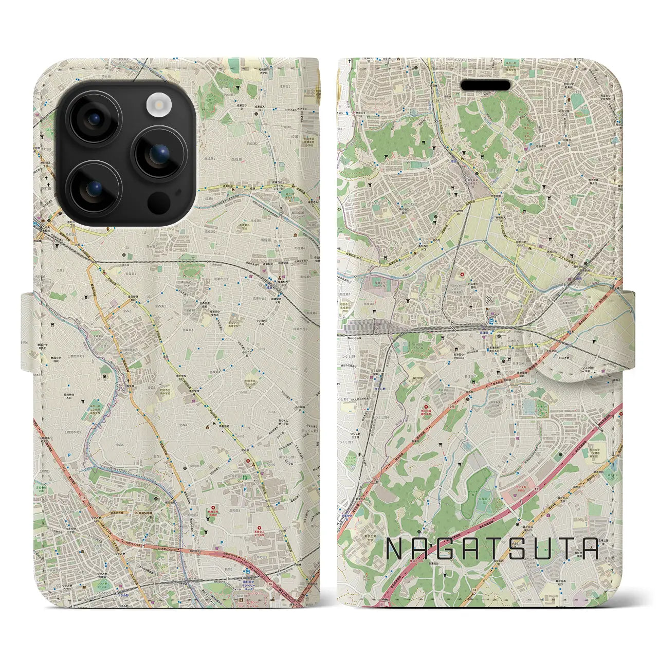 【長津田(神奈川県)】地図柄iPhoneケース(手帳タイプ)ナチュラル・iPhone 16 用