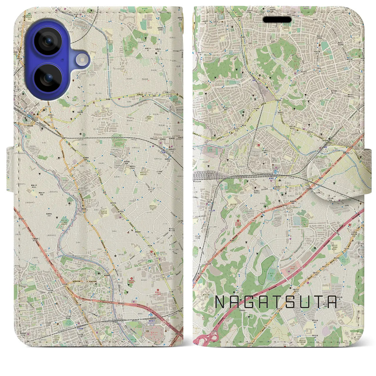 【長津田(神奈川県)】地図柄iPhoneケース(手帳タイプ)ナチュラル・iPhone 16 Pro Max 用