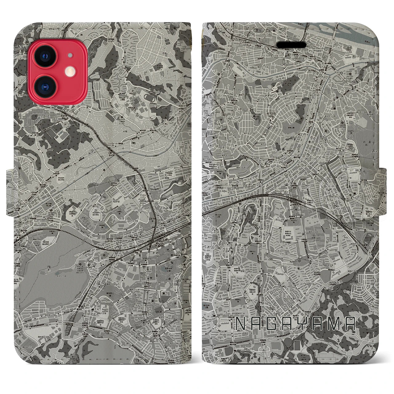 【永山(東京都)】地図柄iPhoneケース(手帳タイプ)モノトーン・iPhone 11 用