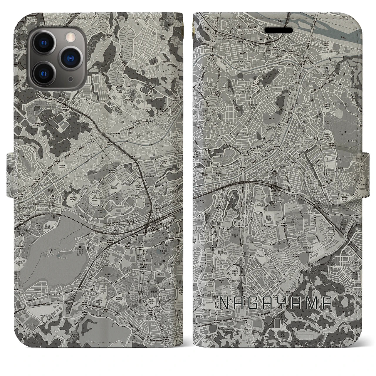 【永山(東京都)】地図柄iPhoneケース(手帳タイプ)モノトーン・iPhone 11 Pro Max 用