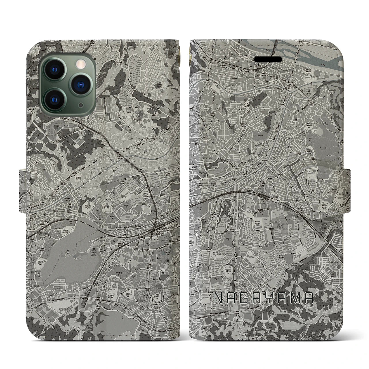 【永山(東京都)】地図柄iPhoneケース(手帳タイプ)モノトーン・iPhone 11 Pro 用