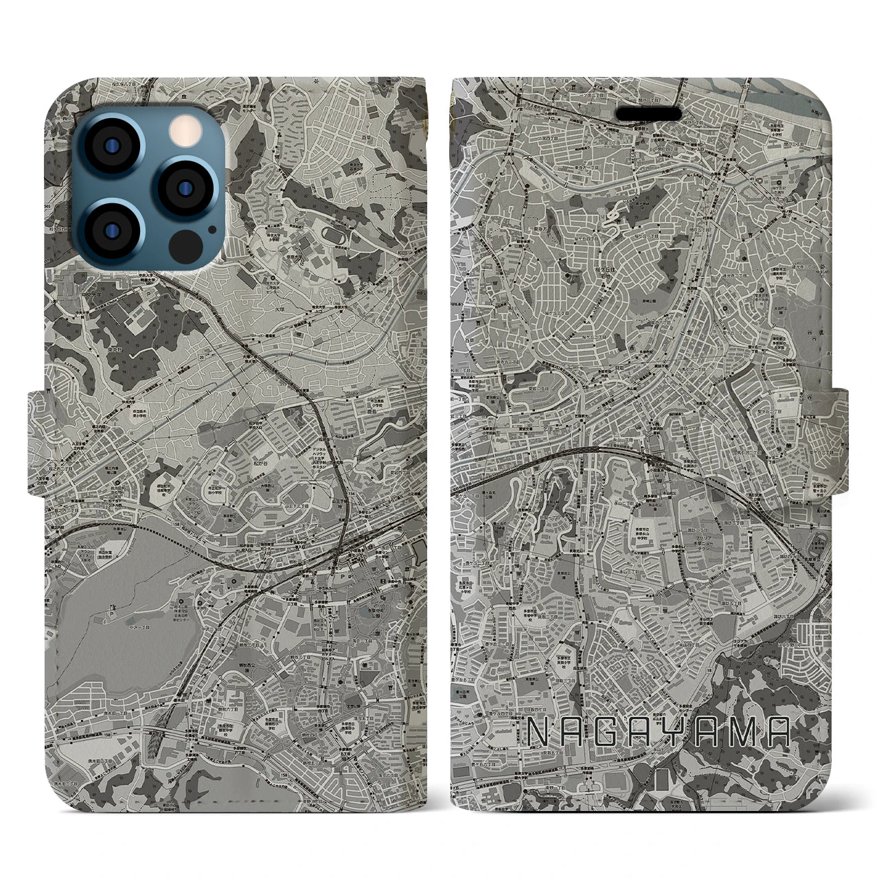 【永山(東京都)】地図柄iPhoneケース(手帳タイプ)モノトーン・iPhone 12 / 12 Pro 用