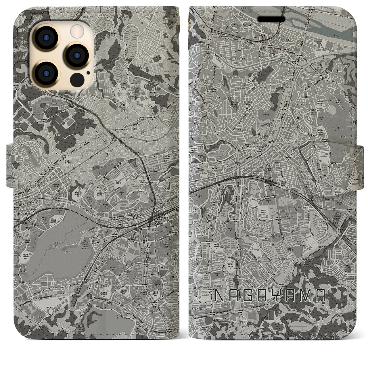 【永山(東京都)】地図柄iPhoneケース(手帳タイプ)モノトーン・iPhone 12 Pro Max 用