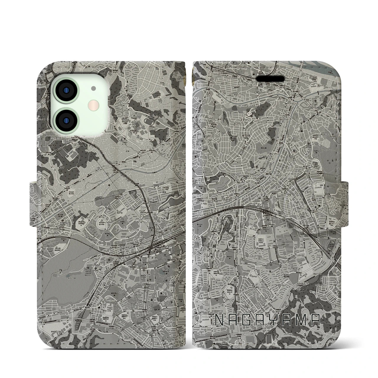 【永山(東京都)】地図柄iPhoneケース(手帳タイプ)モノトーン・iPhone 12 mini 用