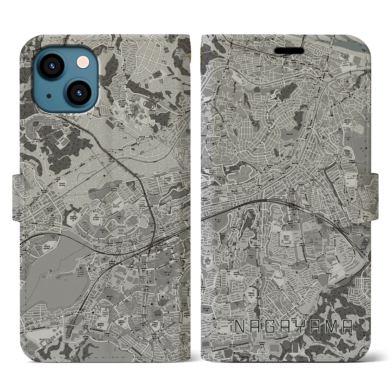 【永山(東京都)】地図柄iPhoneケース(手帳タイプ)モノトーン・iPhone 13 用