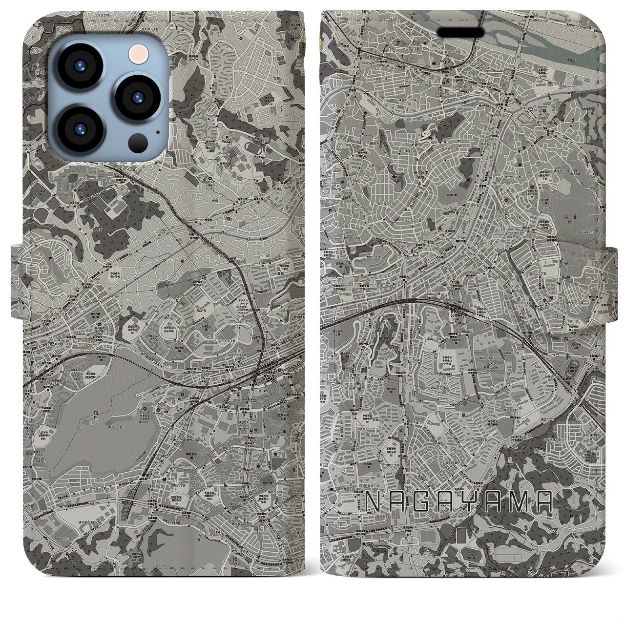 【永山(東京都)】地図柄iPhoneケース(手帳タイプ)モノトーン・iPhone 13 Pro Max 用