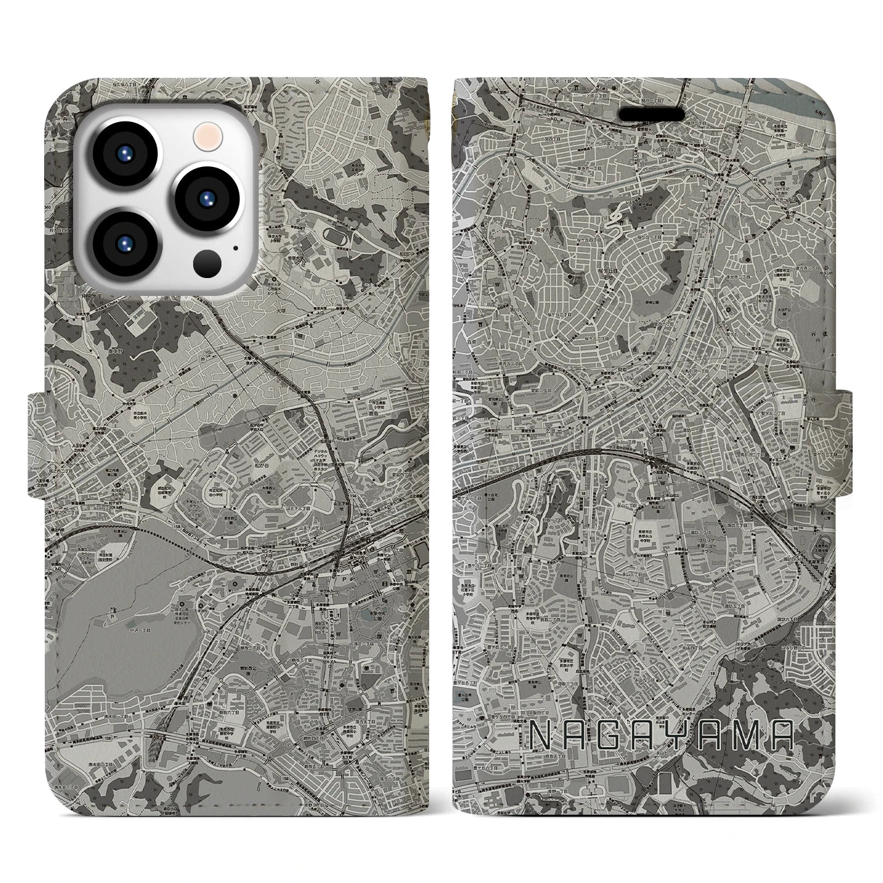 【永山(東京都)】地図柄iPhoneケース(手帳タイプ)モノトーン・iPhone 13 Pro 用