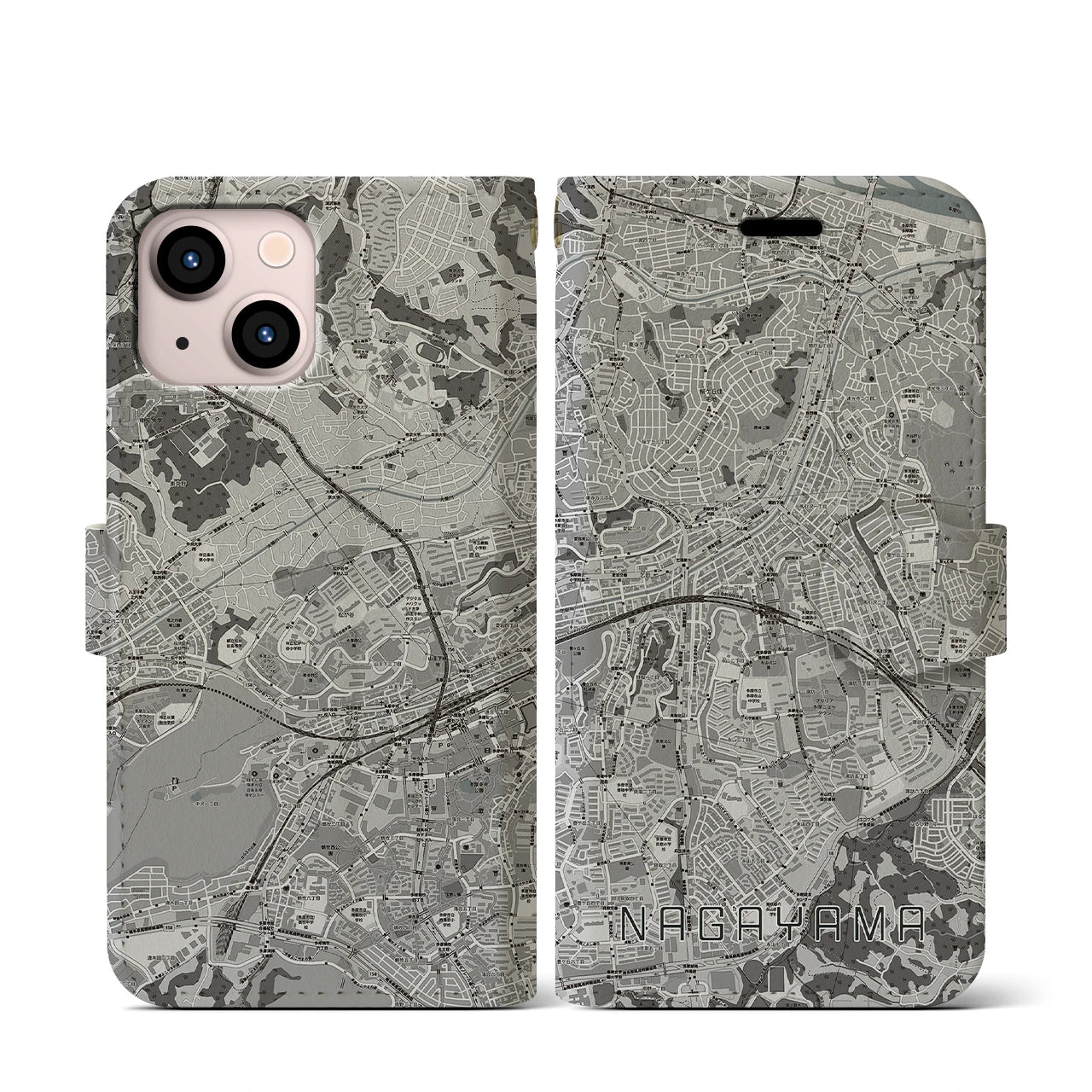 【永山(東京都)】地図柄iPhoneケース(手帳タイプ)モノトーン・iPhone 13 mini 用