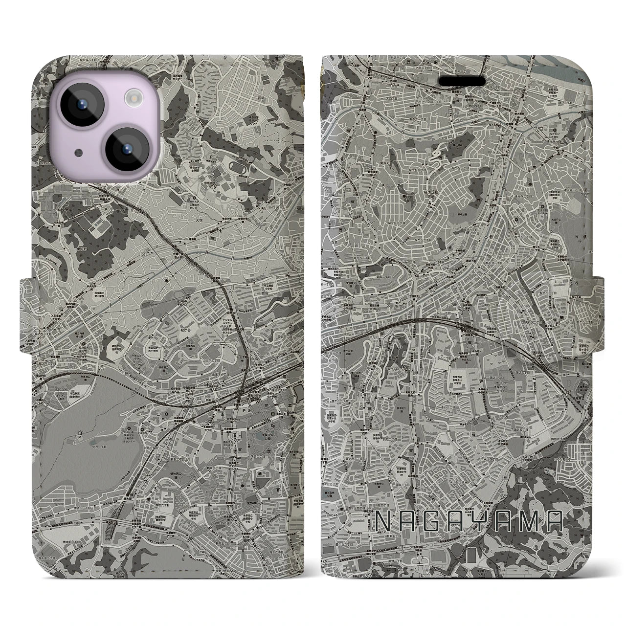 【永山(東京都)】地図柄iPhoneケース(手帳タイプ)モノトーン・iPhone 14 用