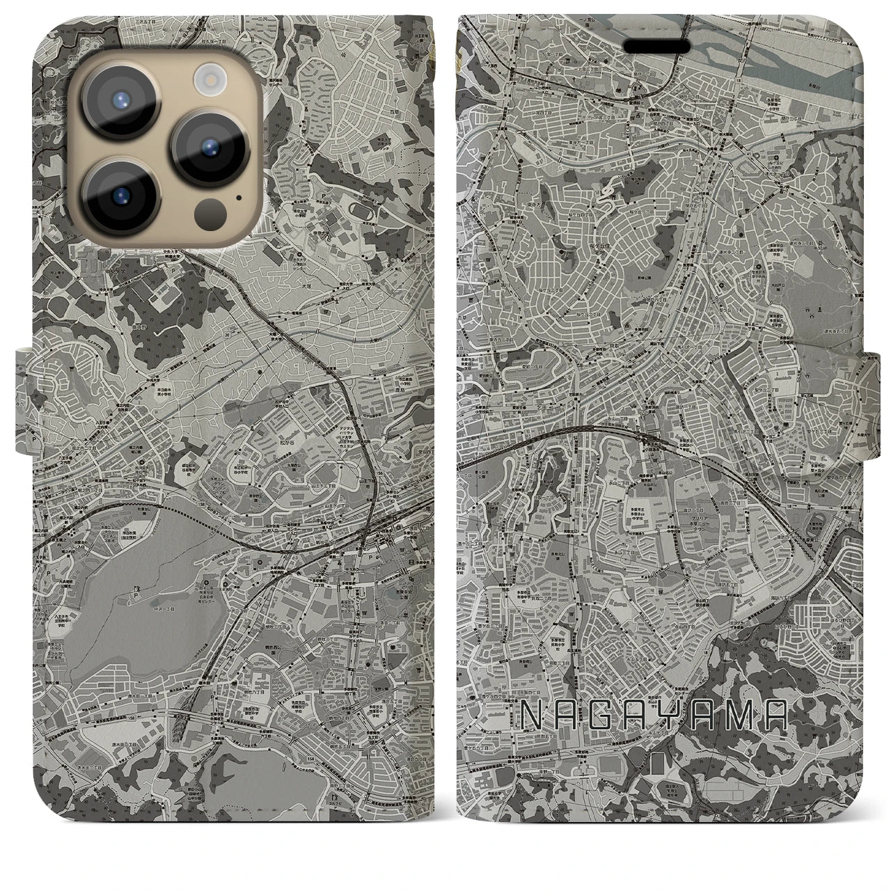 【永山(東京都)】地図柄iPhoneケース(手帳タイプ)モノトーン・iPhone 14 Pro Max 用