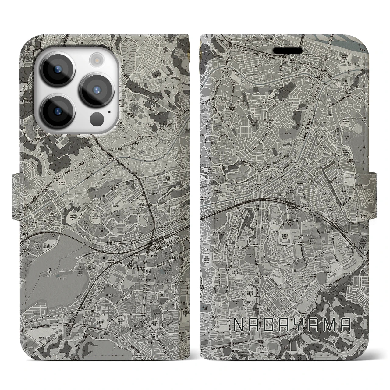 【永山(東京都)】地図柄iPhoneケース(手帳タイプ)モノトーン・iPhone 14 Pro 用