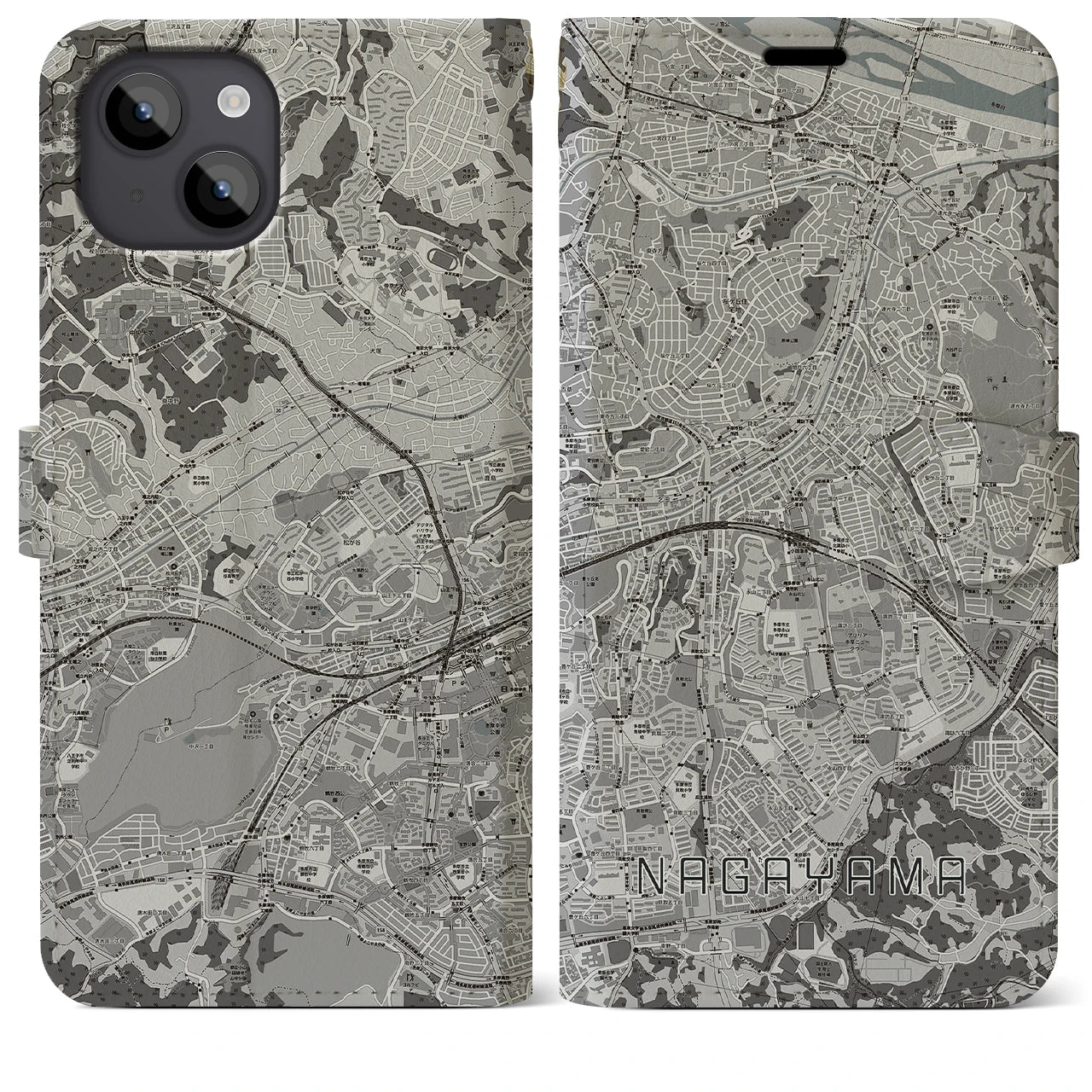 【永山(東京都)】地図柄iPhoneケース(手帳タイプ)モノトーン・iPhone 14 Plus 用