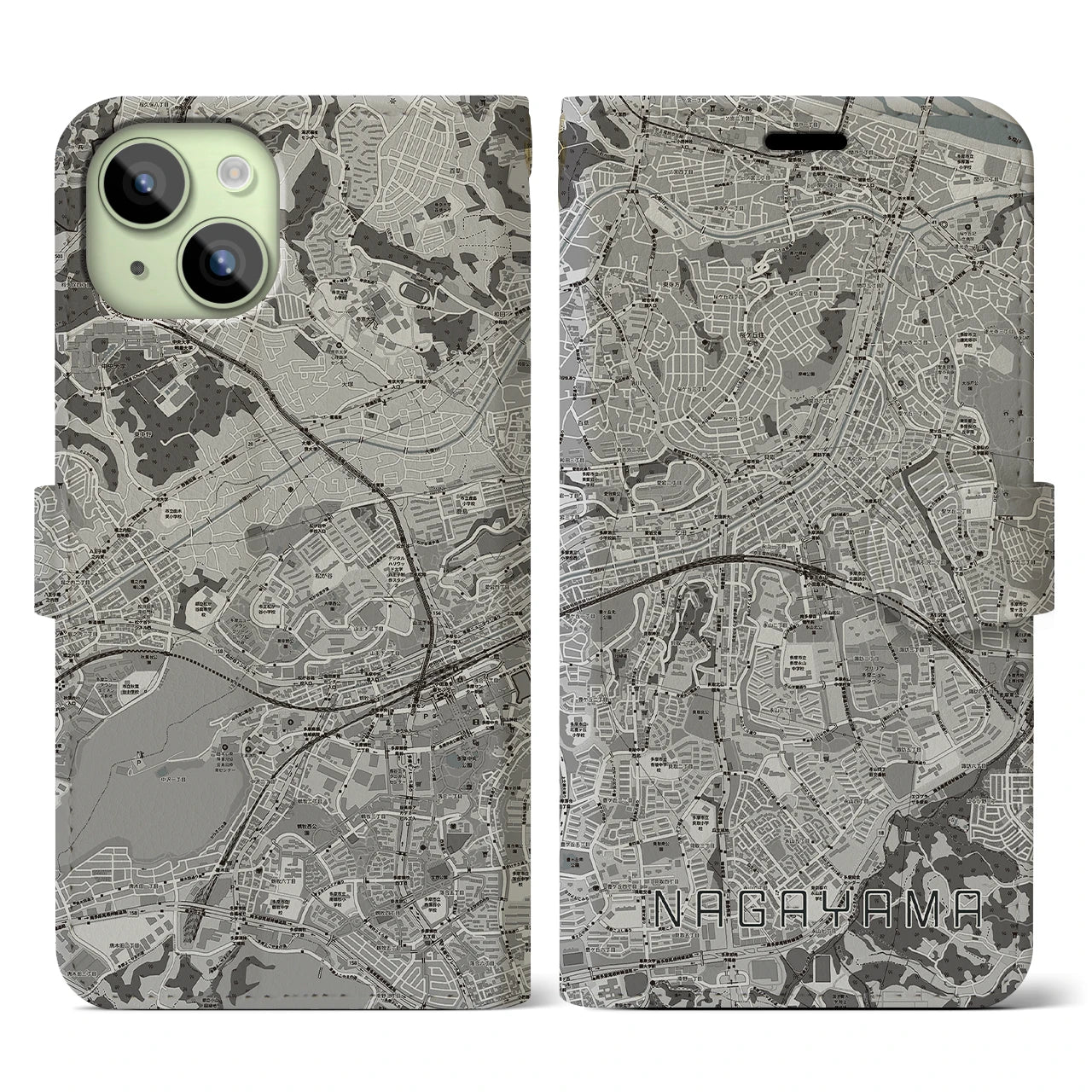 【永山(東京都)】地図柄iPhoneケース(手帳タイプ)モノトーン・iPhone 15 用