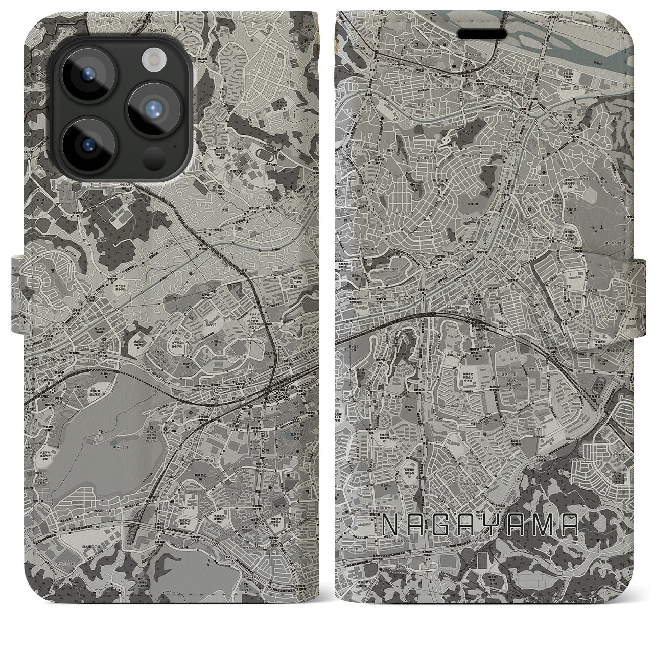 【永山(東京都)】地図柄iPhoneケース(手帳タイプ)モノトーン・iPhone 15 Pro Max 用