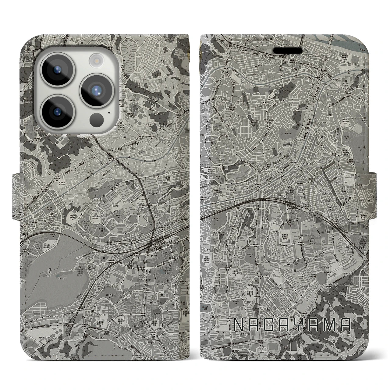 【永山(東京都)】地図柄iPhoneケース(手帳タイプ)モノトーン・iPhone 15 Pro 用