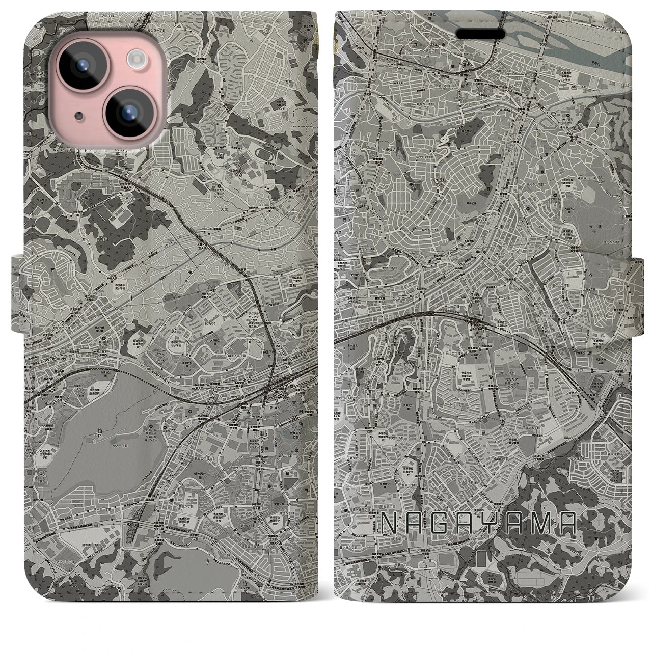 【永山(東京都)】地図柄iPhoneケース(手帳タイプ)モノトーン・iPhone 15 Plus 用