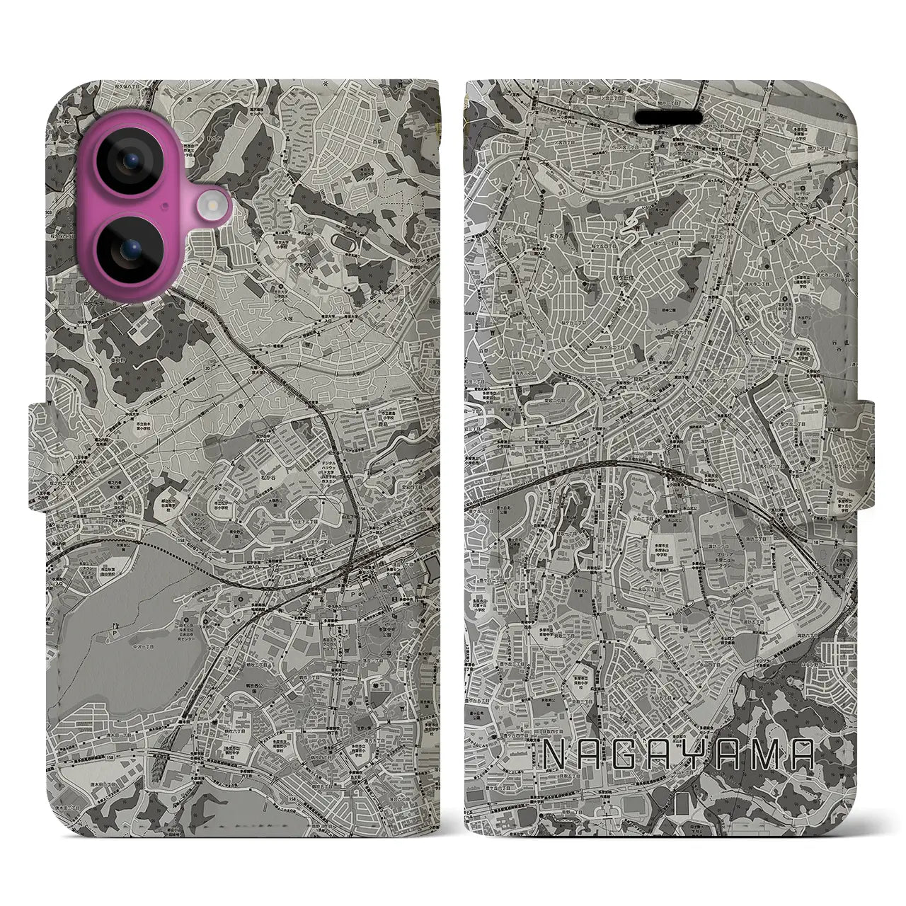 【永山(東京都)】地図柄iPhoneケース(手帳タイプ)モノトーン・iPhone 16 Pro 用