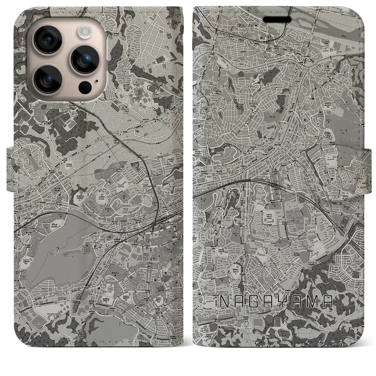 【永山(東京都)】地図柄iPhoneケース(手帳タイプ)モノトーン・iPhone 16 Plus 用