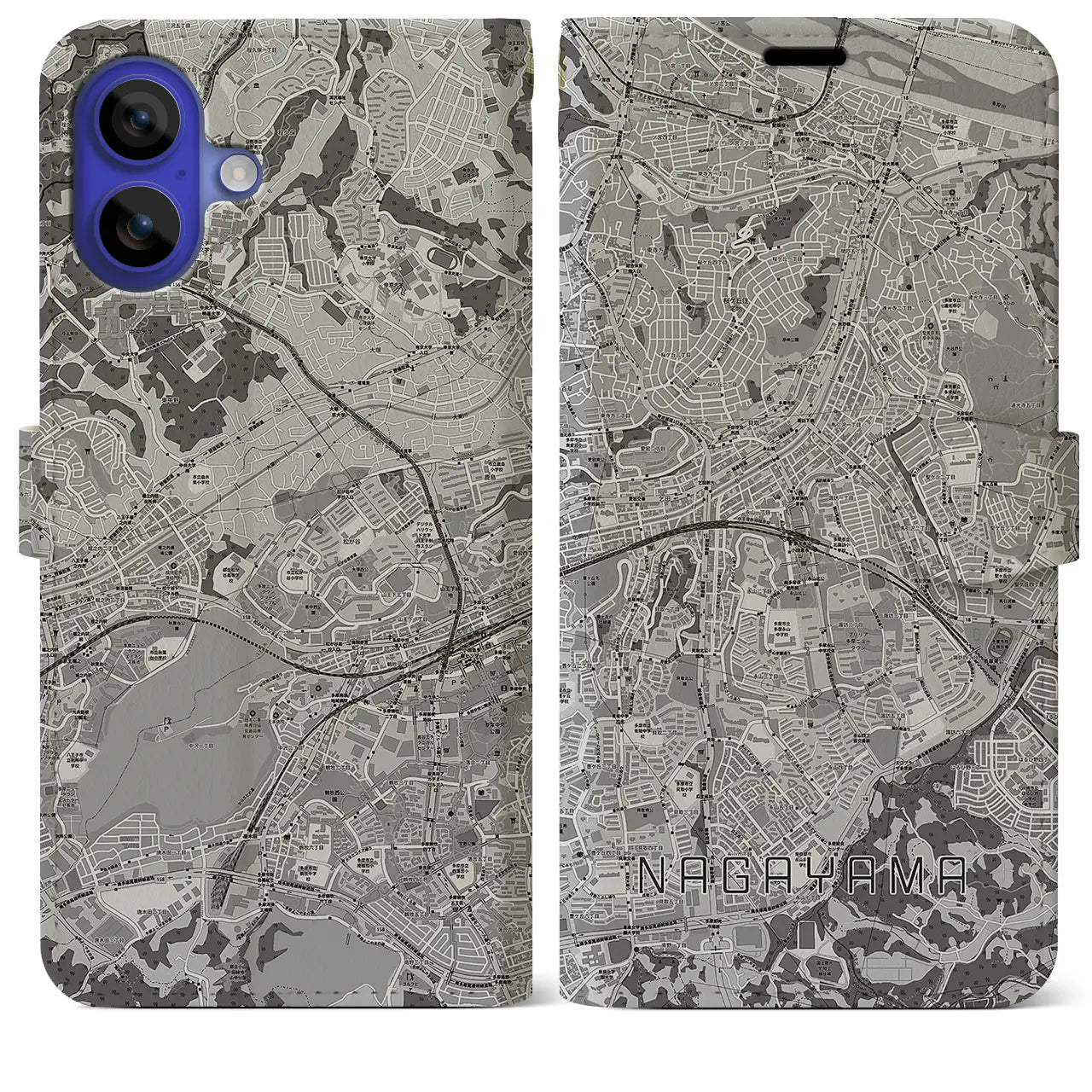 【永山(東京都)】地図柄iPhoneケース(手帳タイプ)モノトーン・iPhone 16 Pro Max 用