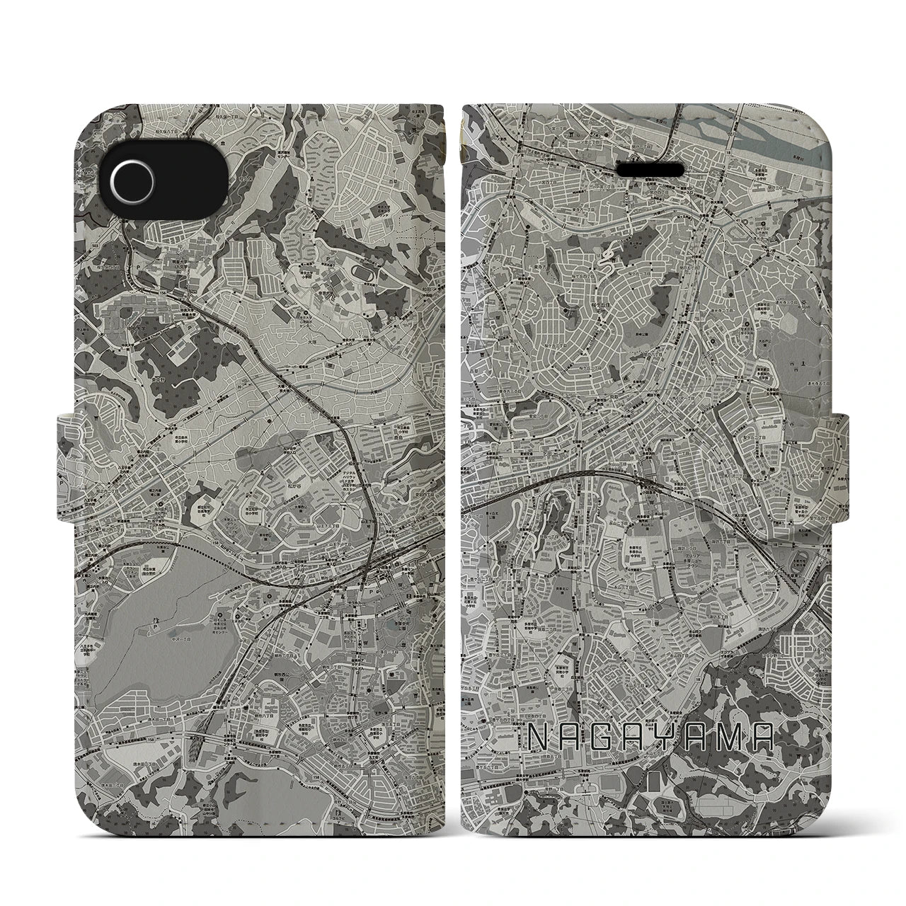 【永山(東京都)】地図柄iPhoneケース(手帳タイプ)モノトーン・iPhone SE(第3 / 第2世代) / 8 / 7 / 6s / 6 用