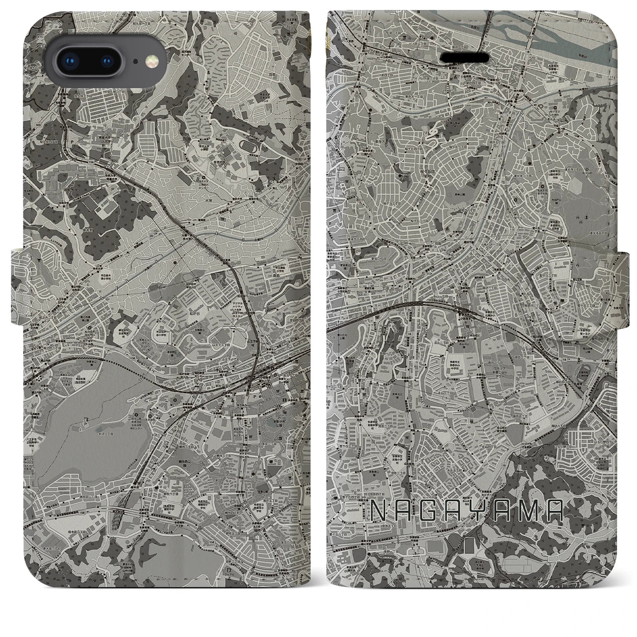 【永山(東京都)】地図柄iPhoneケース(手帳タイプ)モノトーン・iPhone 8Plus /7Plus / 6sPlus / 6Plus 用