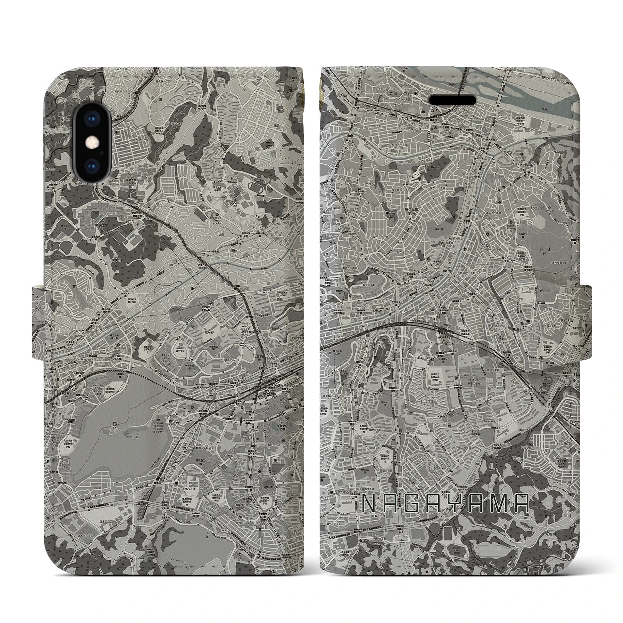 【永山(東京都)】地図柄iPhoneケース(手帳タイプ)モノトーン・iPhone XS / X 用