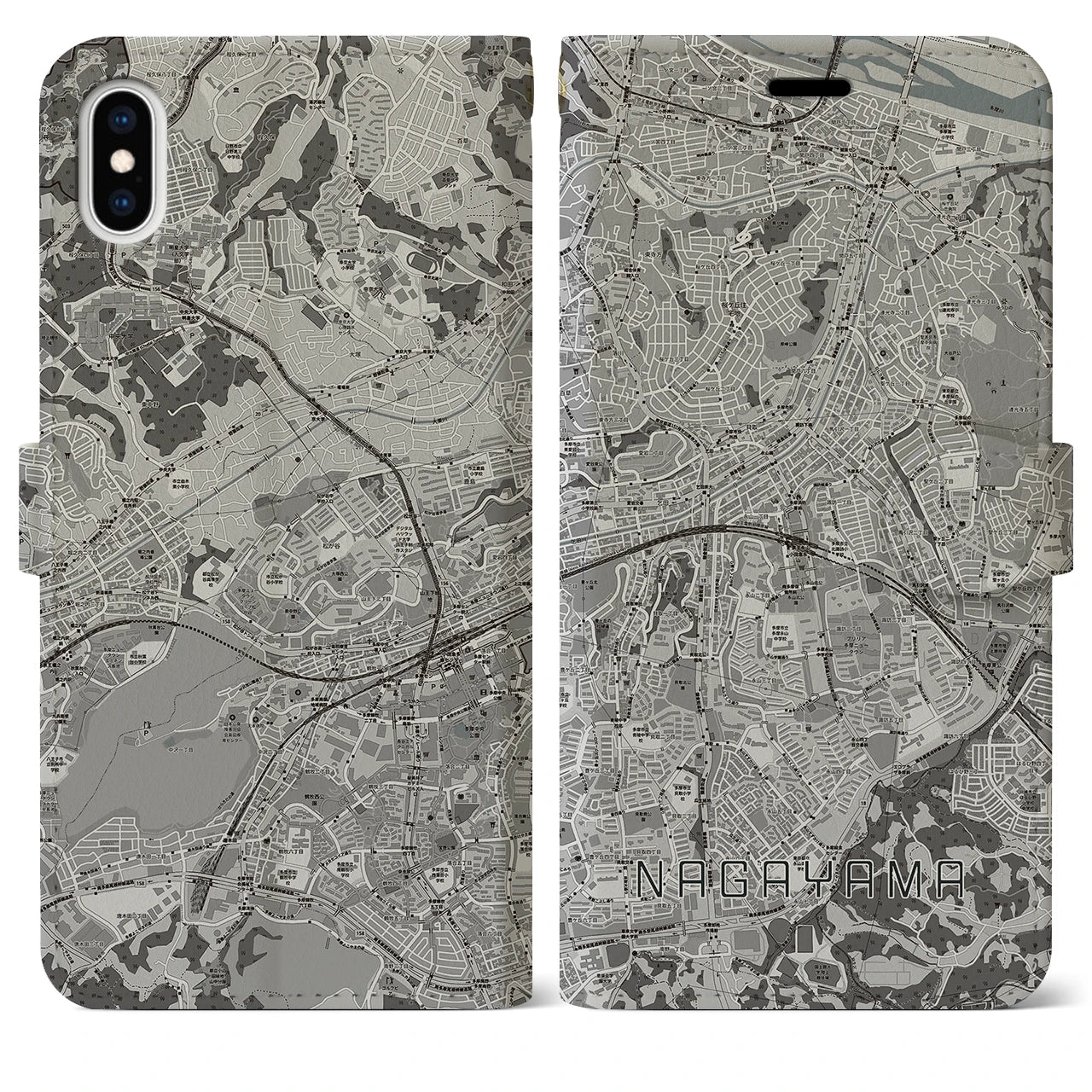 【永山(東京都)】地図柄iPhoneケース(手帳タイプ)モノトーン・iPhone XS Max 用