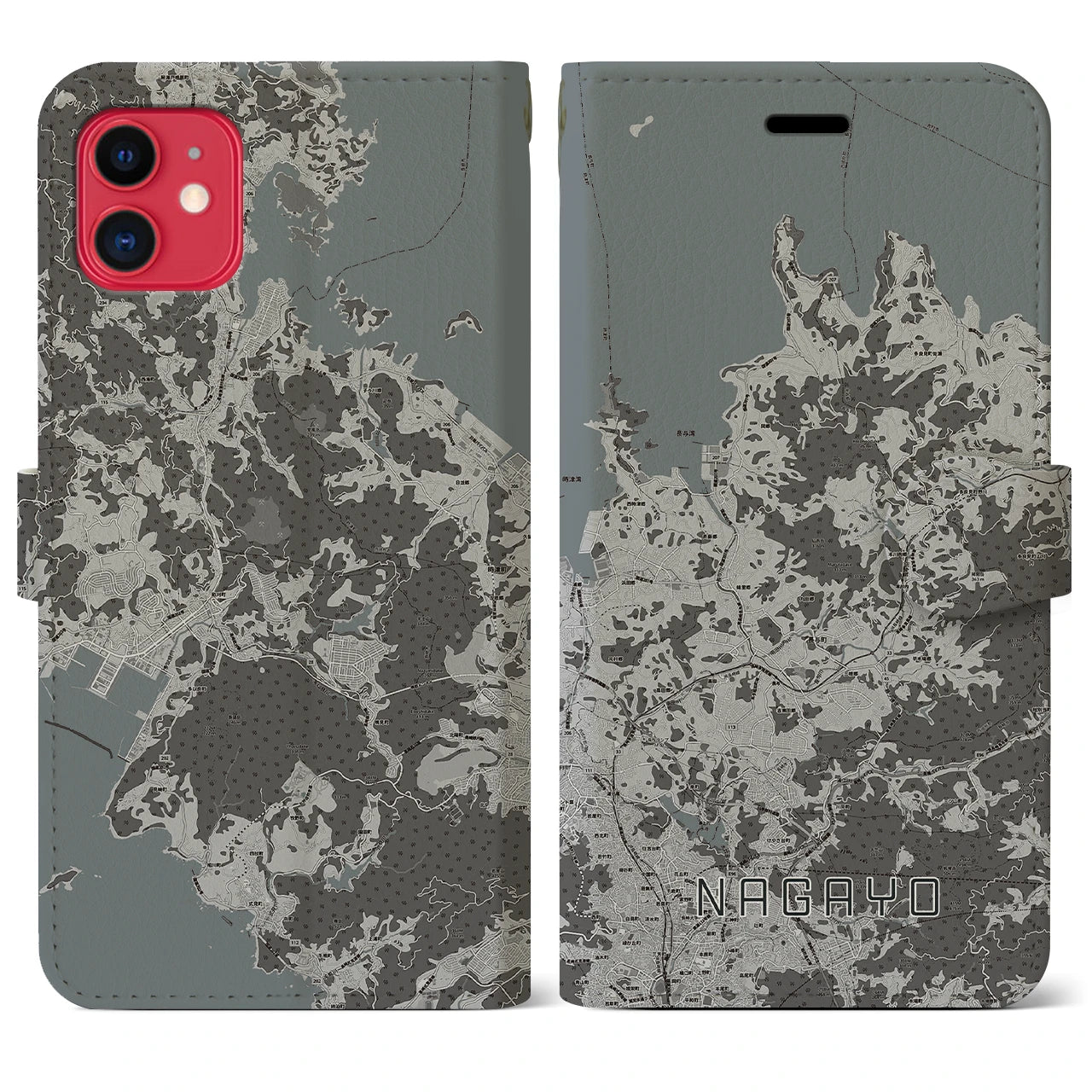 【長与(長崎県)】地図柄iPhoneケース(手帳タイプ)モノトーン・iPhone 11 用