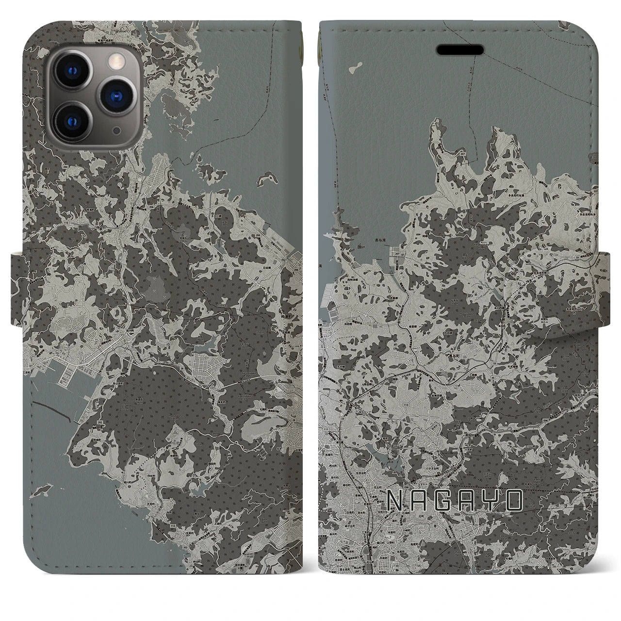 【長与(長崎県)】地図柄iPhoneケース(手帳タイプ)モノトーン・iPhone 11 Pro Max 用