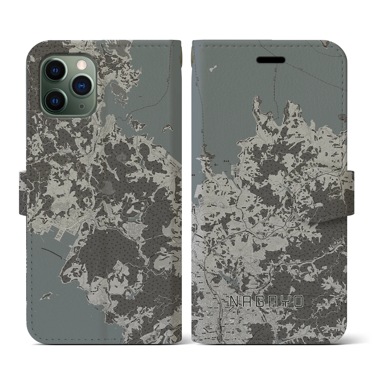 【長与(長崎県)】地図柄iPhoneケース(手帳タイプ)モノトーン・iPhone 11 Pro 用