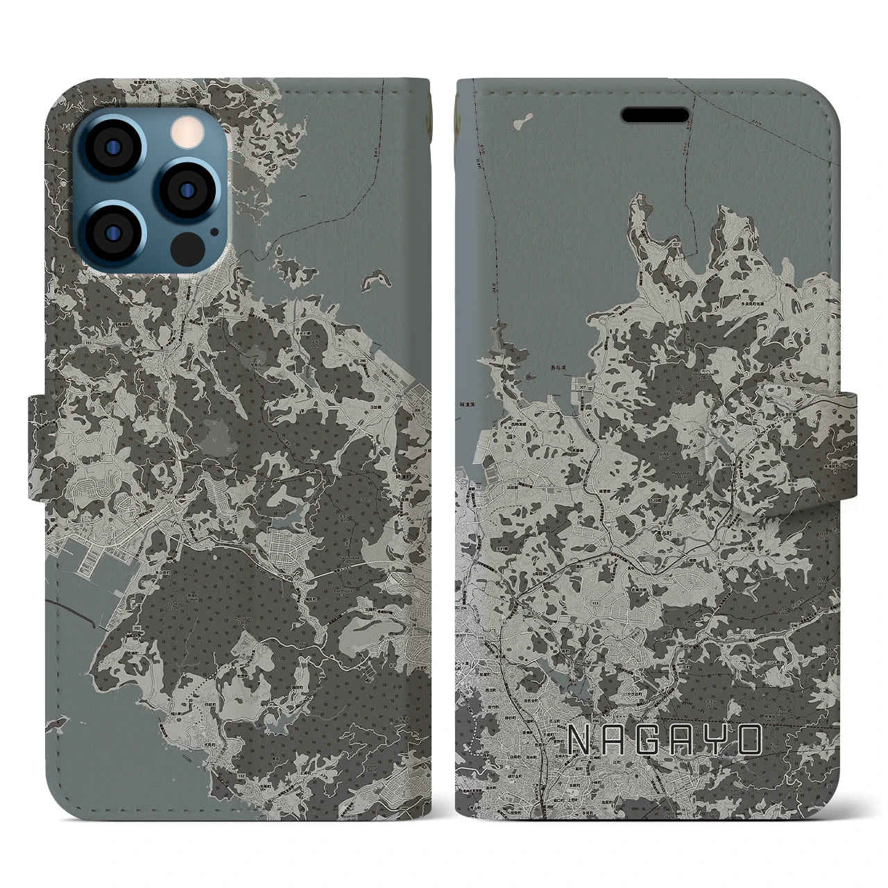 【長与(長崎県)】地図柄iPhoneケース(手帳タイプ)モノトーン・iPhone 12 / 12 Pro 用
