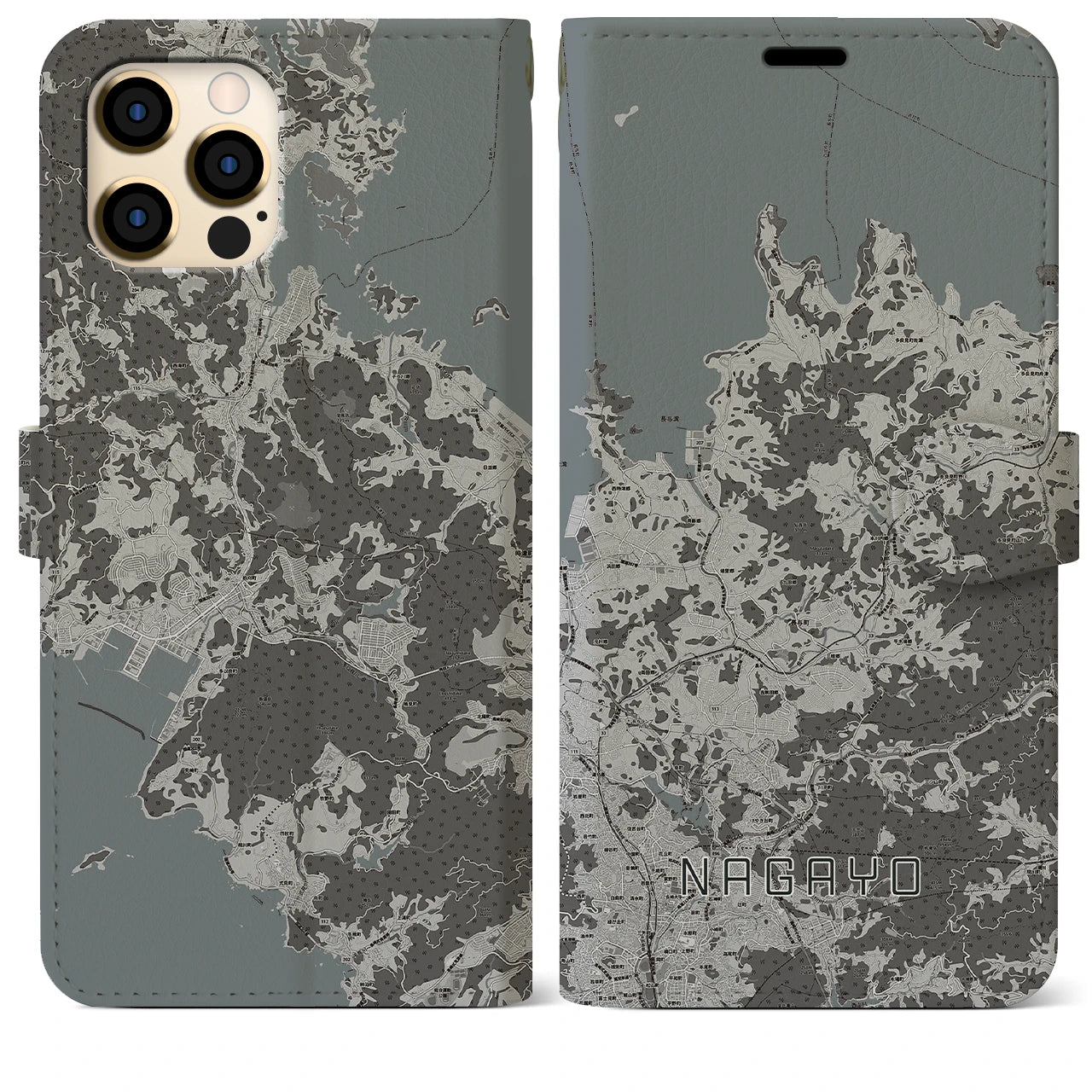 【長与(長崎県)】地図柄iPhoneケース(手帳タイプ)モノトーン・iPhone 12 Pro Max 用