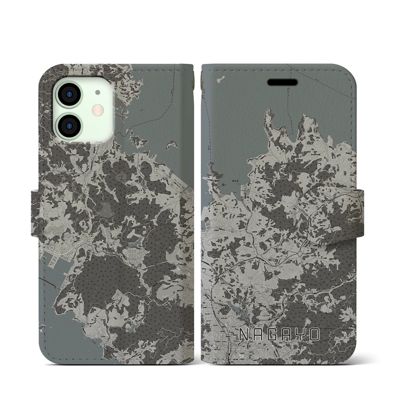 【長与(長崎県)】地図柄iPhoneケース(手帳タイプ)モノトーン・iPhone 12 mini 用