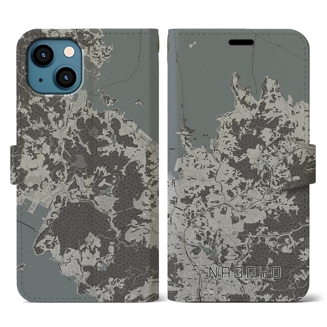 【長与(長崎県)】地図柄iPhoneケース(手帳タイプ)モノトーン・iPhone 13 用