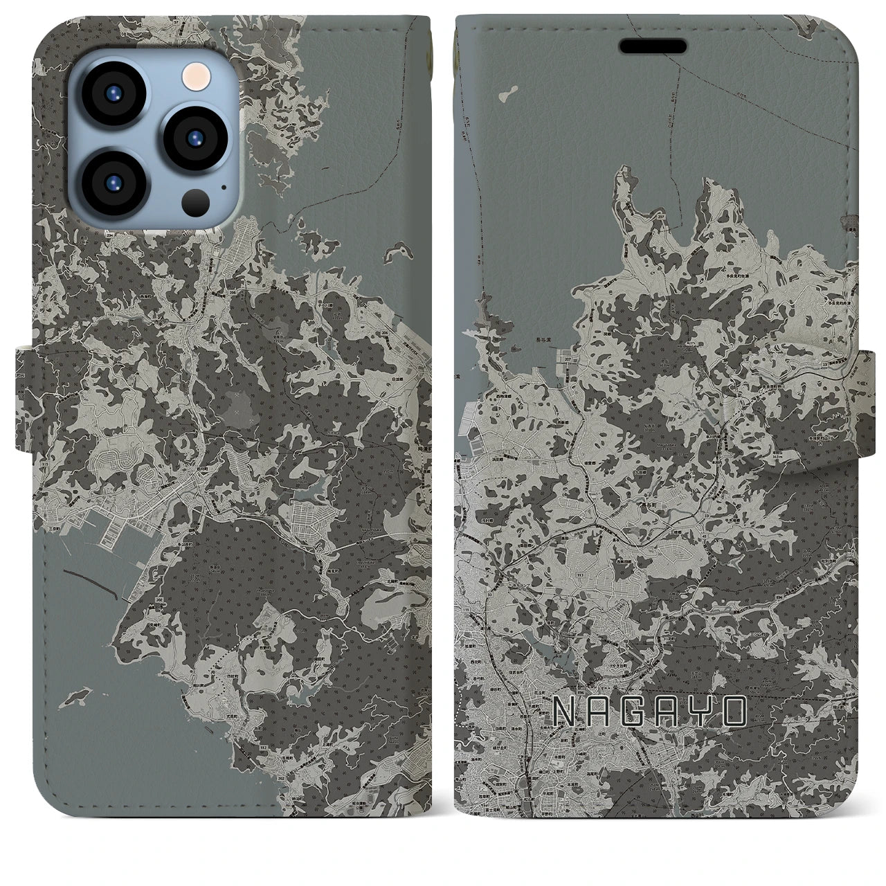 【長与(長崎県)】地図柄iPhoneケース(手帳タイプ)モノトーン・iPhone 13 Pro Max 用
