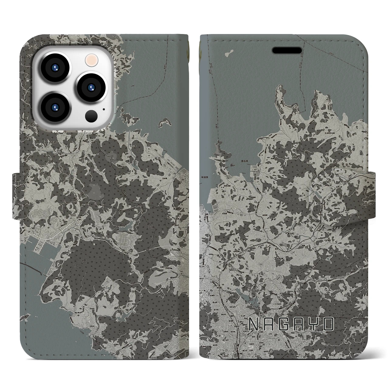 【長与(長崎県)】地図柄iPhoneケース(手帳タイプ)モノトーン・iPhone 13 Pro 用