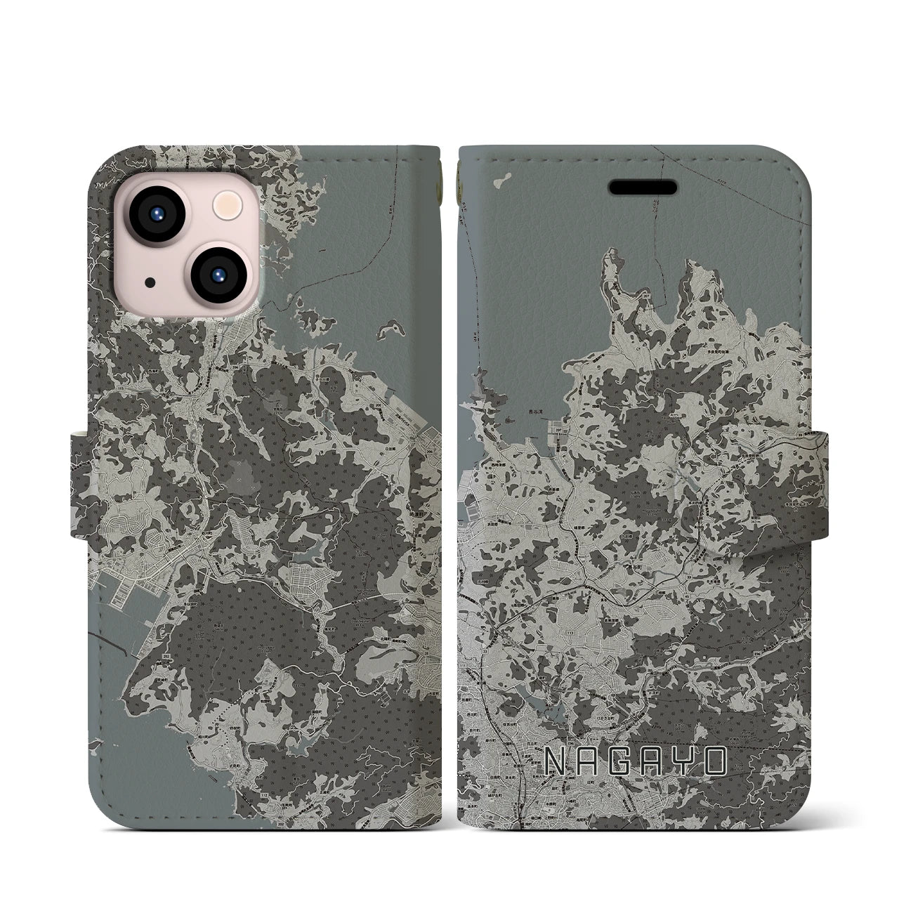 【長与(長崎県)】地図柄iPhoneケース(手帳タイプ)モノトーン・iPhone 13 mini 用