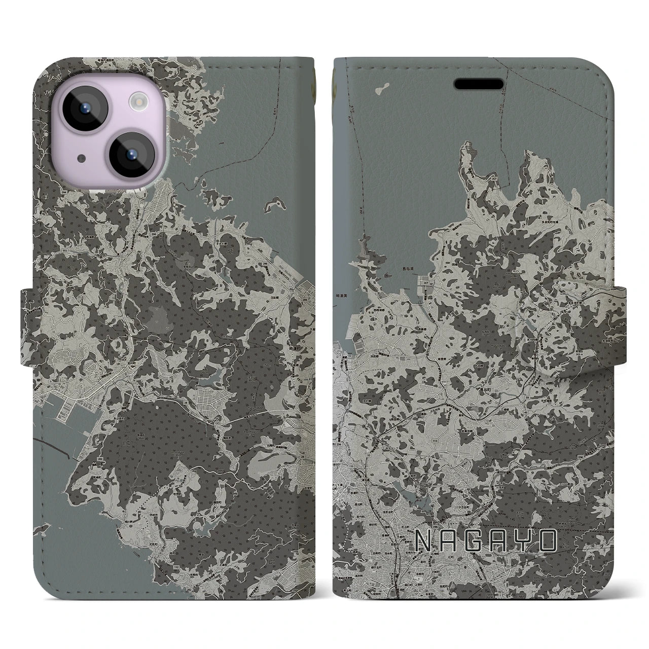 【長与(長崎県)】地図柄iPhoneケース(手帳タイプ)モノトーン・iPhone 14 用