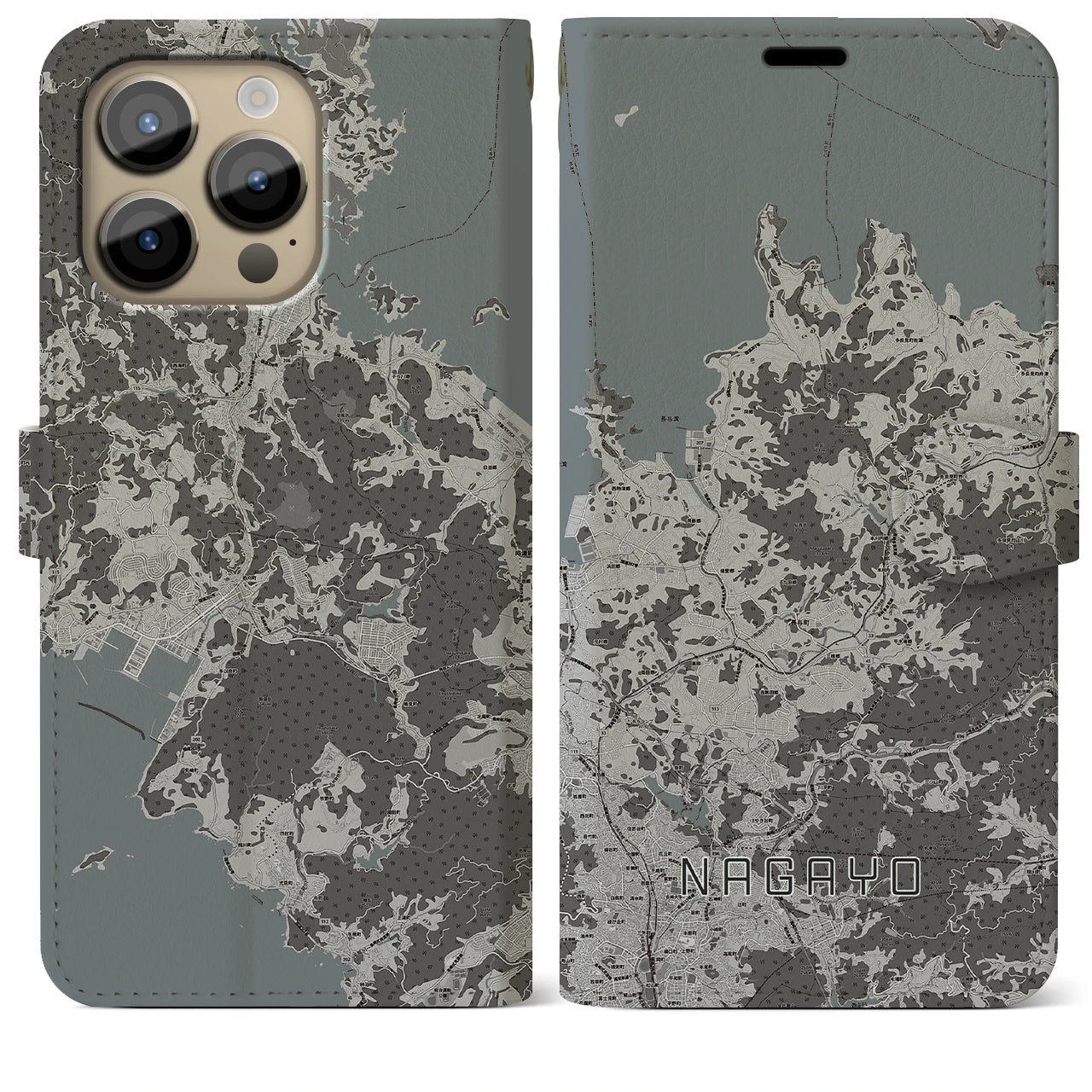 【長与(長崎県)】地図柄iPhoneケース(手帳タイプ)モノトーン・iPhone 14 Pro Max 用