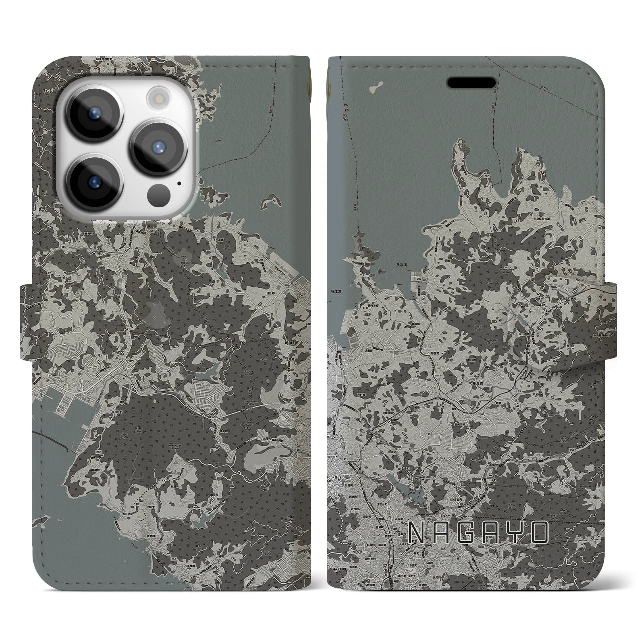 【長与(長崎県)】地図柄iPhoneケース(手帳タイプ)モノトーン・iPhone 14 Pro 用