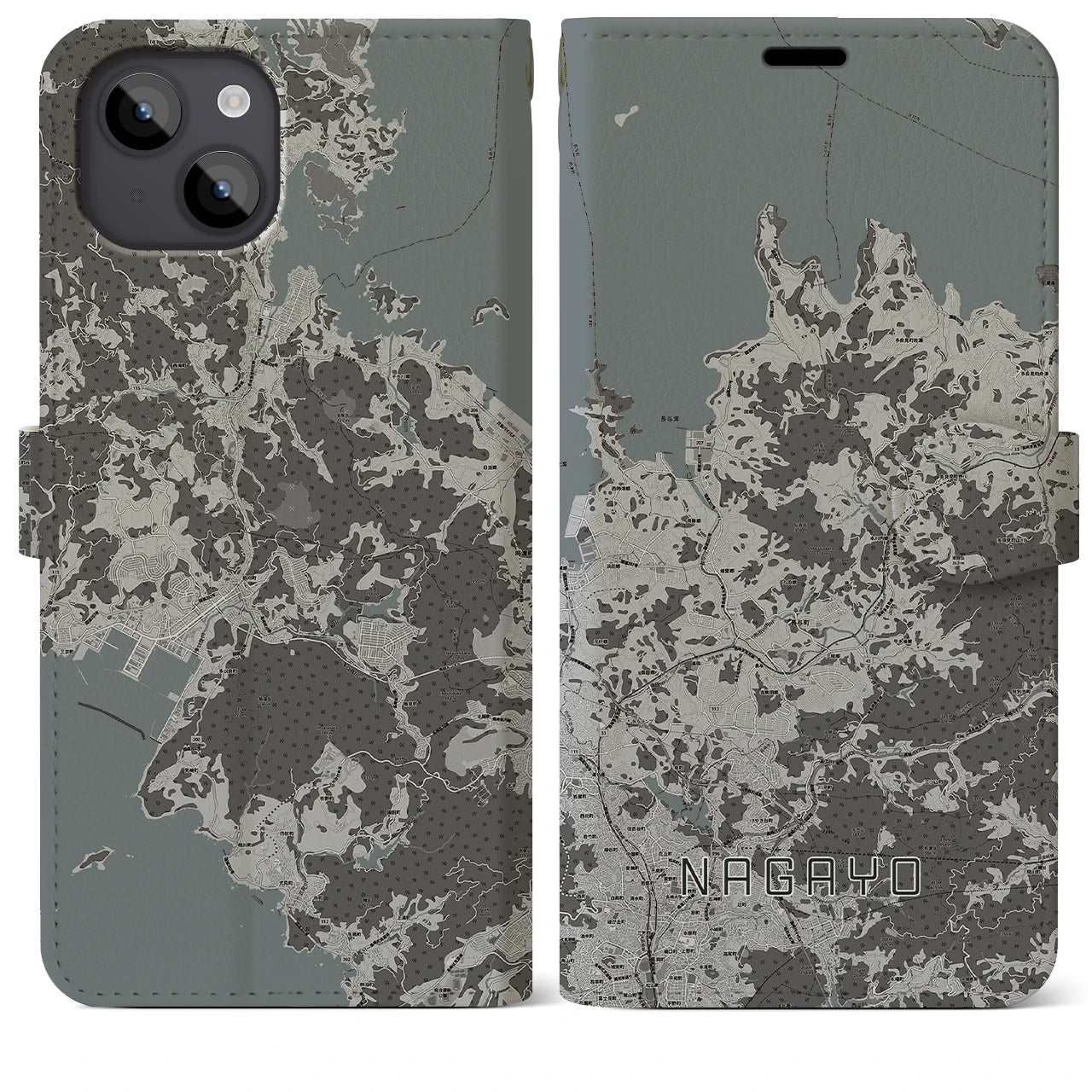 【長与(長崎県)】地図柄iPhoneケース(手帳タイプ)モノトーン・iPhone 14 Plus 用