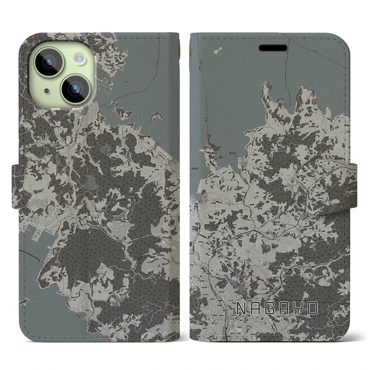 【長与(長崎県)】地図柄iPhoneケース(手帳タイプ)モノトーン・iPhone 15 用