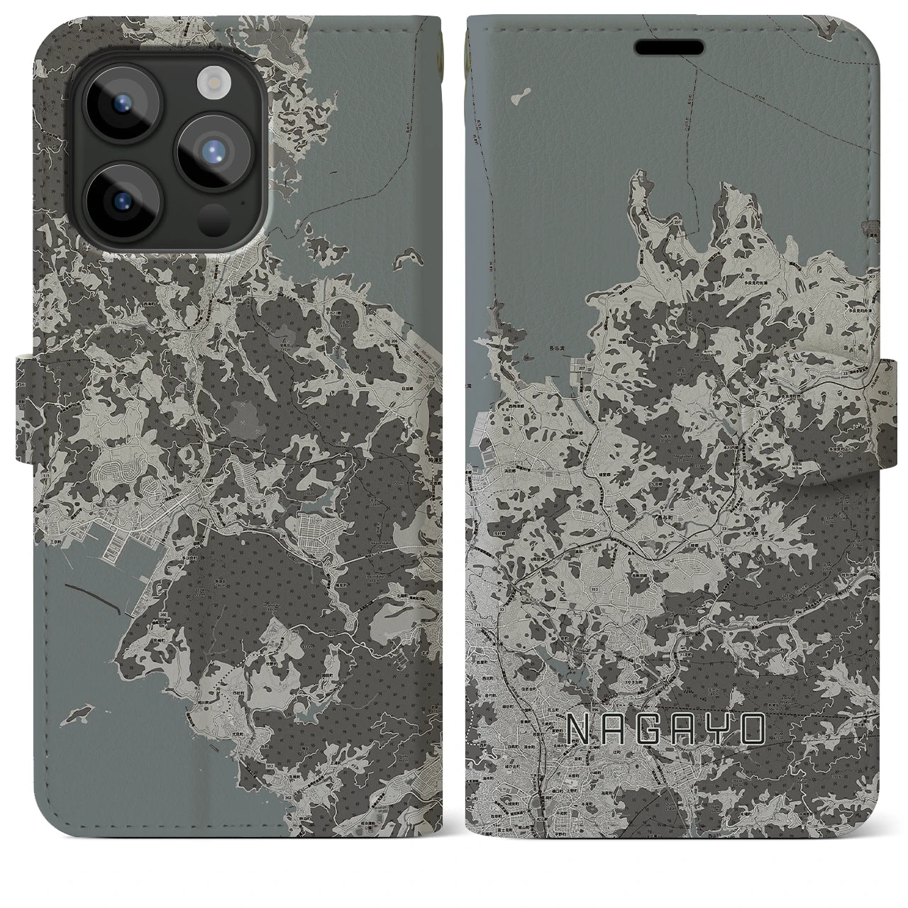 【長与(長崎県)】地図柄iPhoneケース(手帳タイプ)モノトーン・iPhone 15 Pro Max 用
