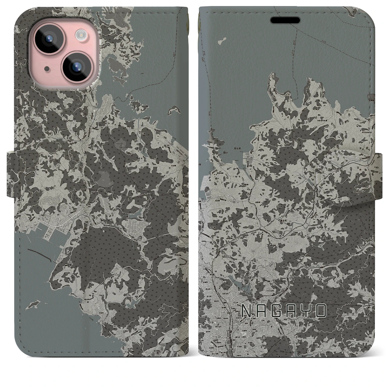 【長与(長崎県)】地図柄iPhoneケース(手帳タイプ)モノトーン・iPhone 15 Plus 用