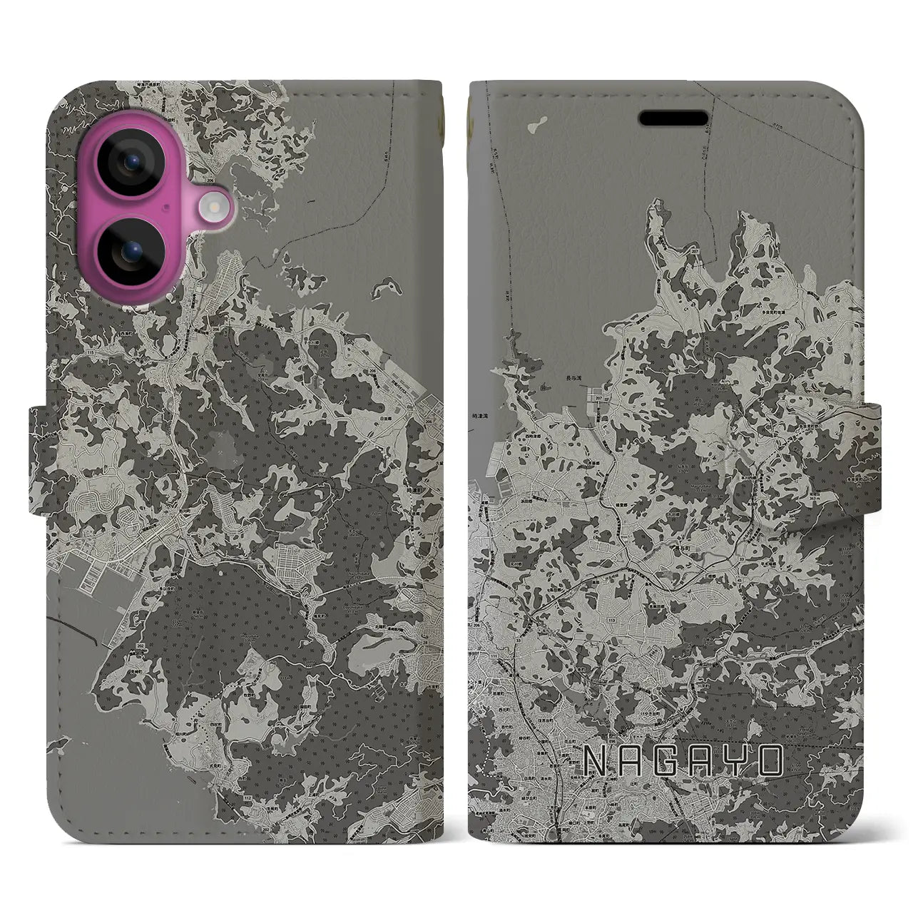 【長与(長崎県)】地図柄iPhoneケース(手帳タイプ)モノトーン・iPhone 16 Pro 用