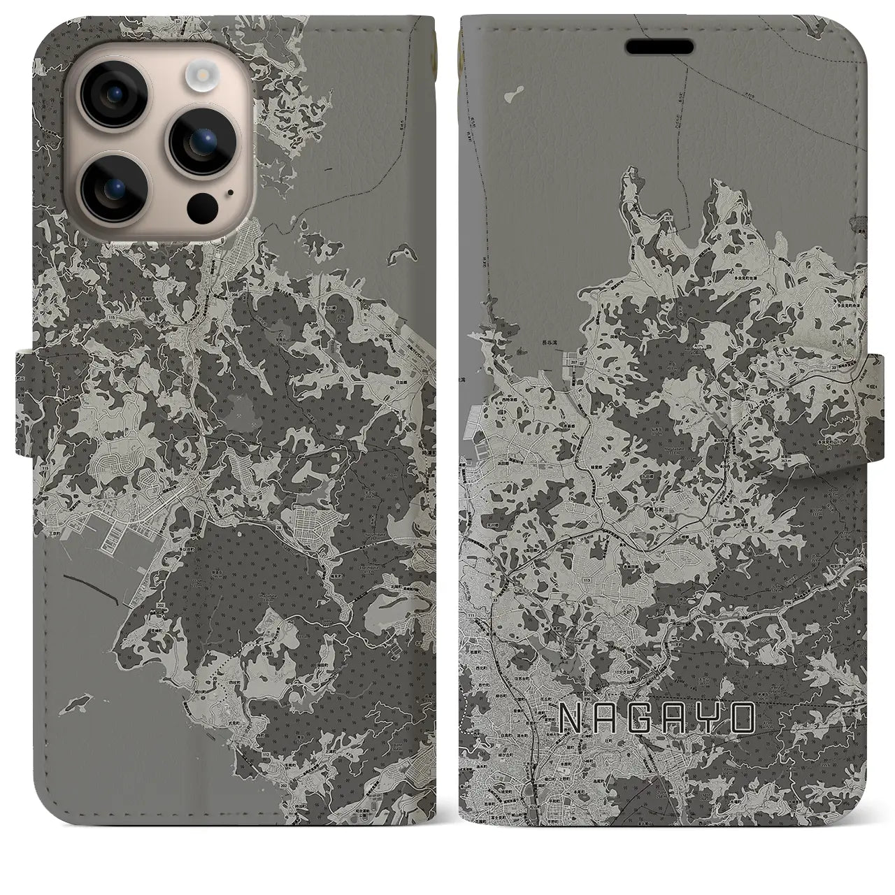 【長与(長崎県)】地図柄iPhoneケース(手帳タイプ)モノトーン・iPhone 16 Plus 用