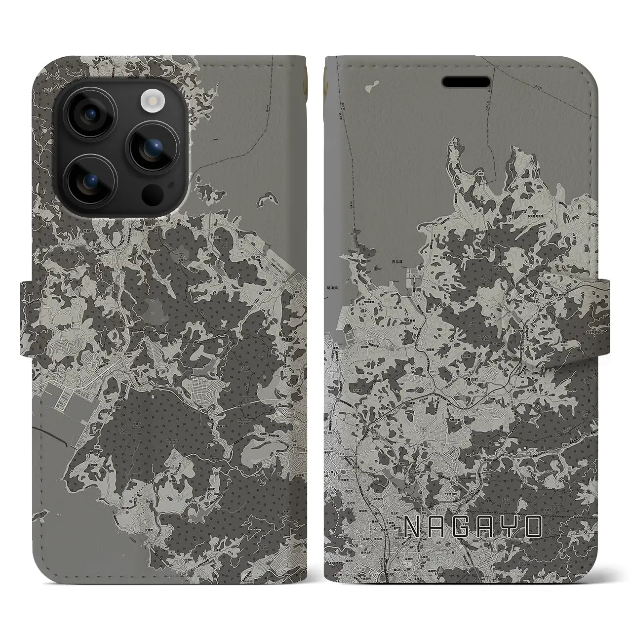 【長与(長崎県)】地図柄iPhoneケース(手帳タイプ)モノトーン・iPhone 16 用