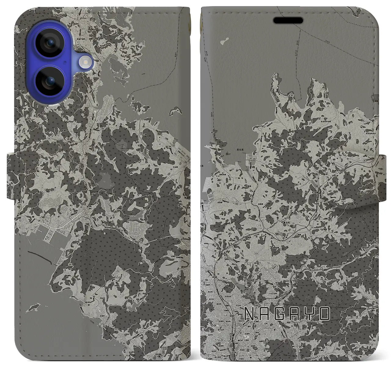 【長与(長崎県)】地図柄iPhoneケース(手帳タイプ)モノトーン・iPhone 16 Pro Max 用