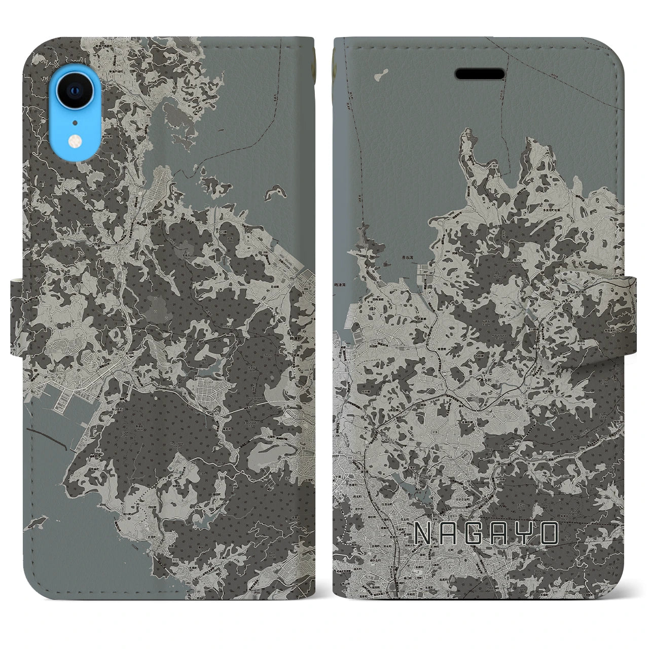 【長与(長崎県)】地図柄iPhoneケース(手帳タイプ)モノトーン・iPhone XR 用